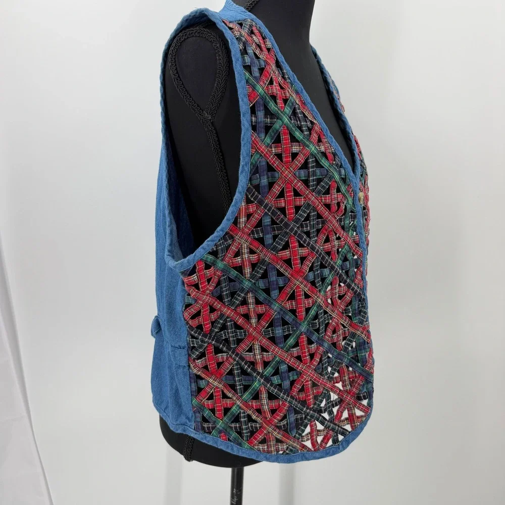 vintage Casey & Max Plaid Ribbon Lattice Denim Vest Large Cottagecore Western